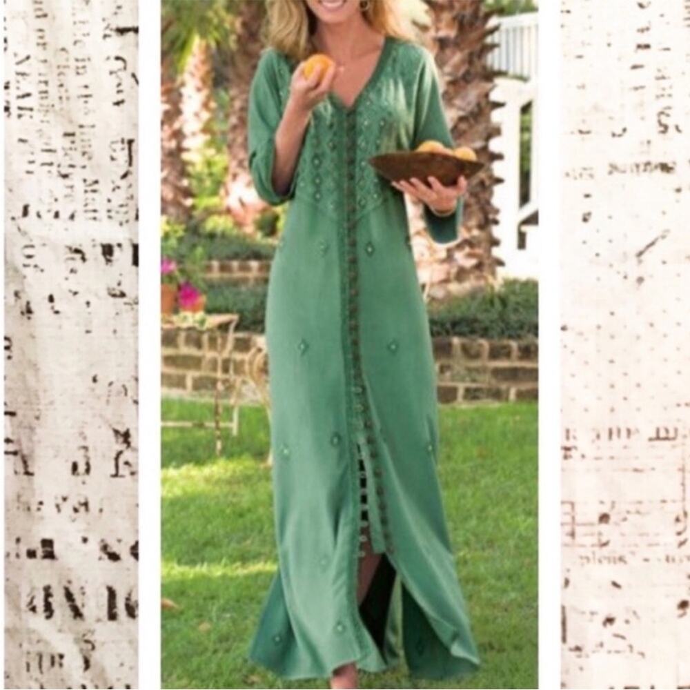 Soft Surroundings Womens Embroidered Sequin Kaftan Maxi Dress Size Small Green - Picture 6 of 11